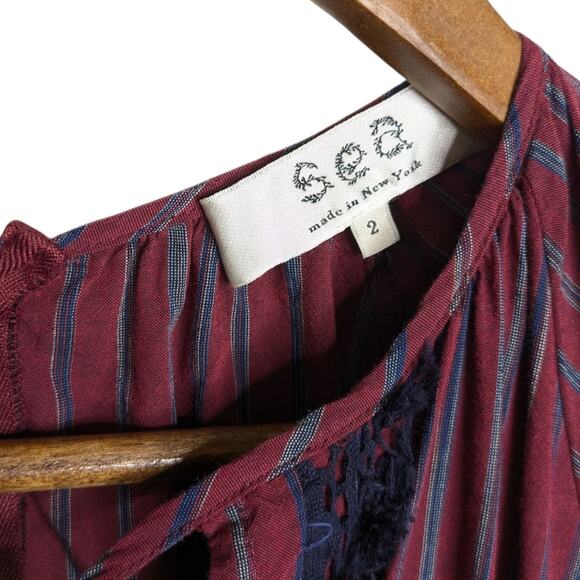 Sea New York Dress 2 Peasant Burgundy Striped Ruffled Pom Poms Lace Trim - Picture 8 of 10